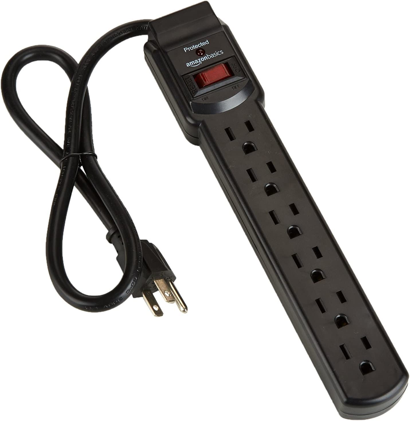 Amazon Basics 6-Outlet, 200 Joule Surge Protector Power Strip, 2 Foot, Black - Pack of 2