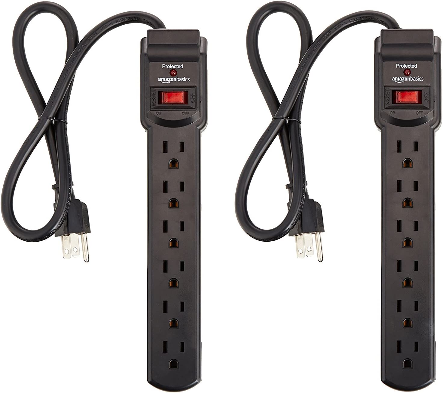 Amazon Basics 6-Outlet, 200 Joule Surge Protector Power Strip, 2 Foot, Black - Pack of 2