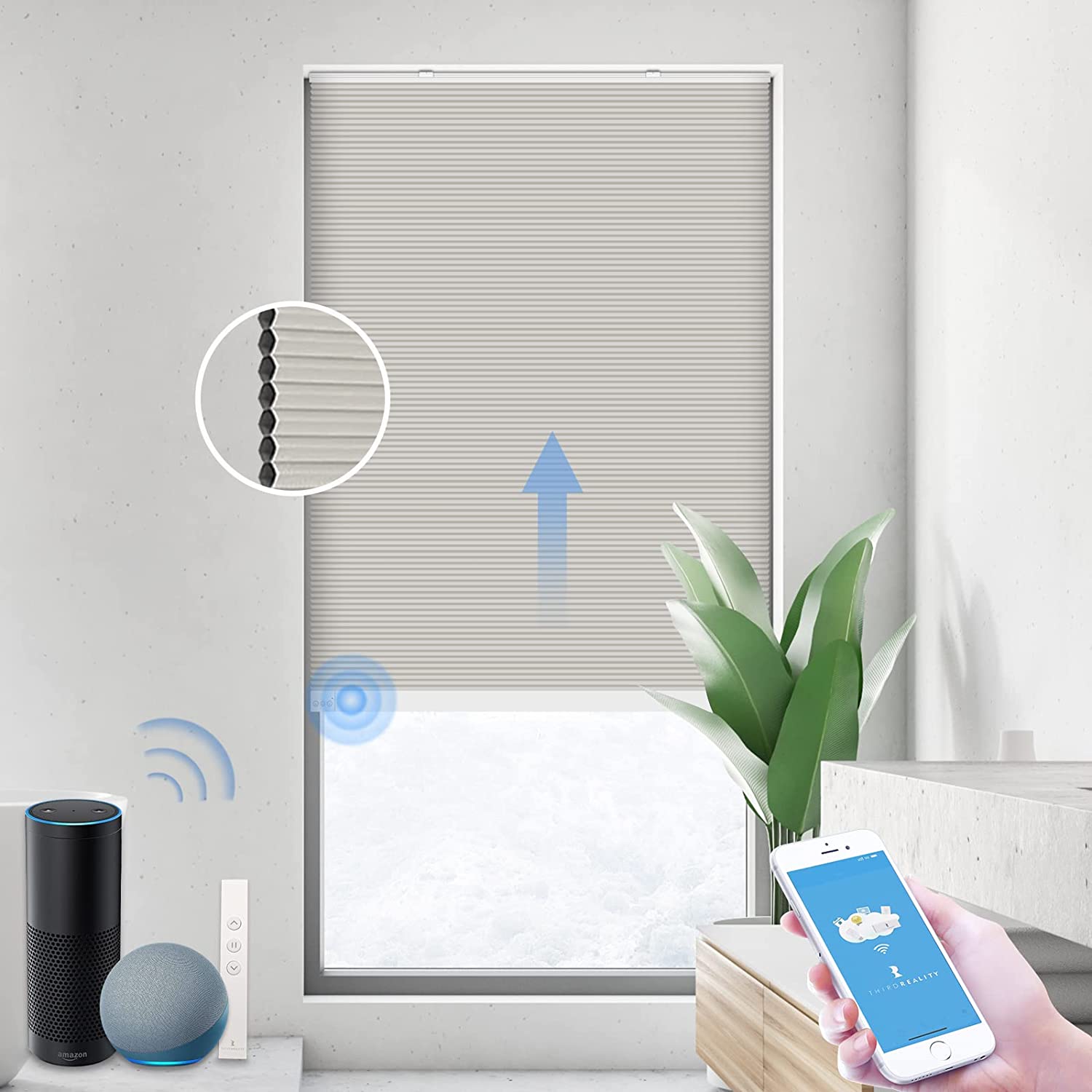 THIRDREALITY ZigBee Smart Blind, Motorized Blackout Window Shades with Remote, Cordless Honeycomb Blinds, Automatic Height Setting, AA Batteries Powered, 25