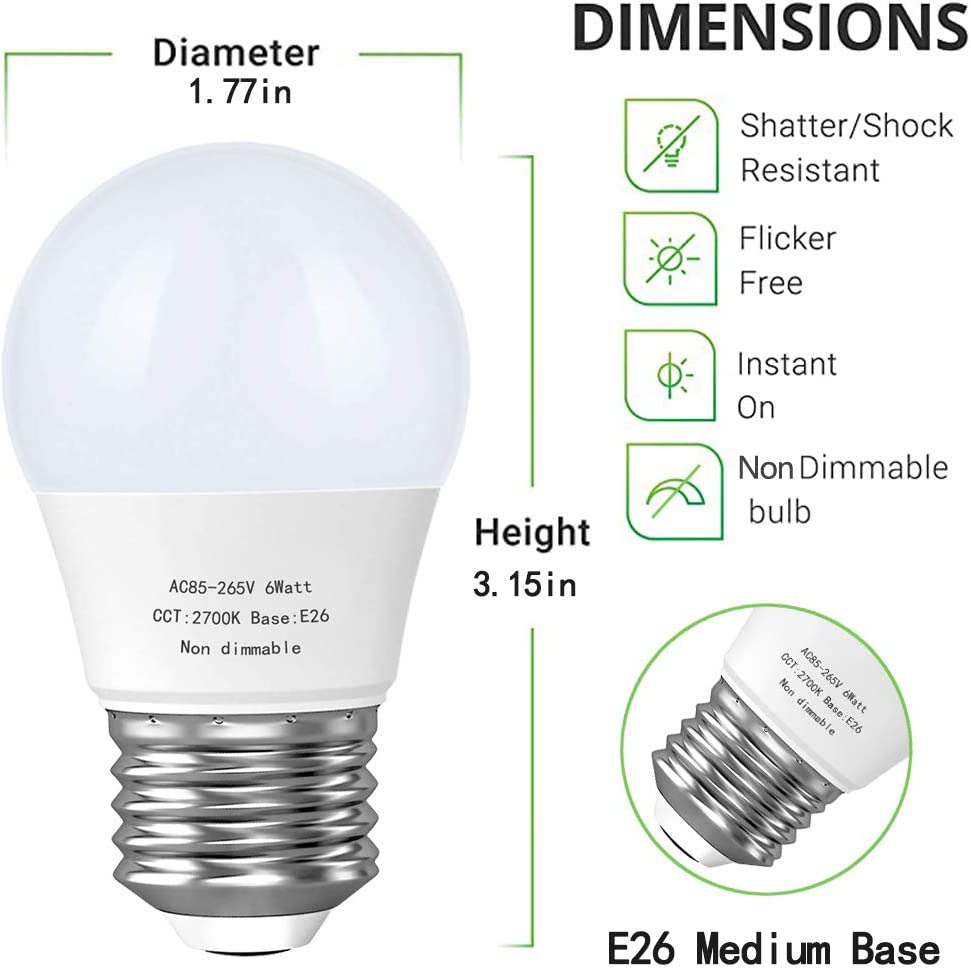 A15 Led Bulb, E26 Base Appliance Light Bulb, 6W(60 Watt Incandescent Equivalent), 5000K Daylight Ceiling Fan Light Bulbs, 550 LM, Small Lightbulbs, Non-Dimmable,6 Pack