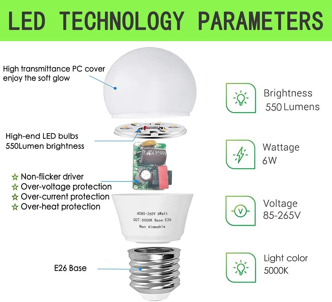 A15 Led Bulb, E26 Base Appliance Light Bulb, 6W(60 Watt Incandescent Equivalent), 5000K Daylight Ceiling Fan Light Bulbs, 550 LM, Small Lightbulbs, Non-Dimmable,6 Pack