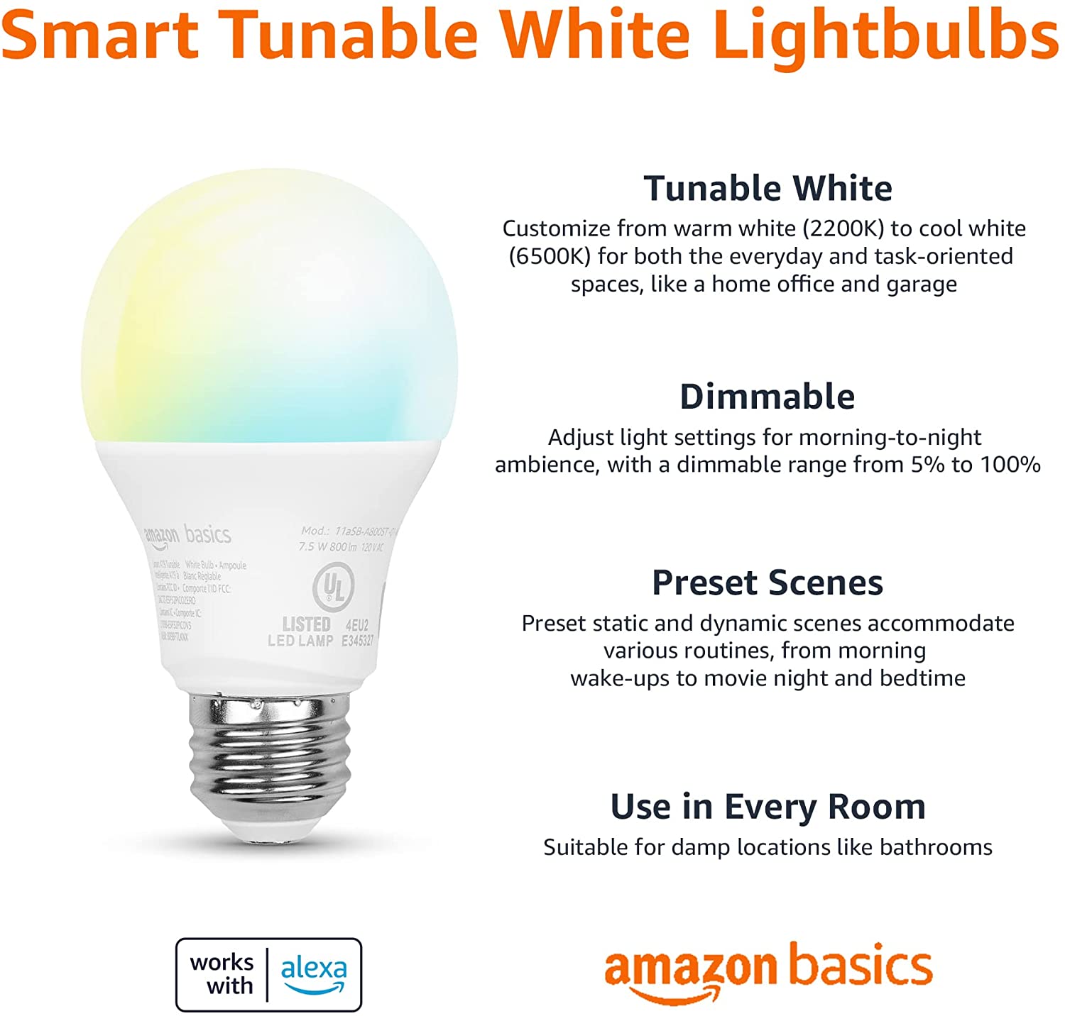 Amazon Basics Smart A19 LED Light Bulb, Color Changing, 2.4 GHz Wi-Fi, 60W Equivalent 800LM, Works with Alexa Only, 1-Pack, Certified for Humans