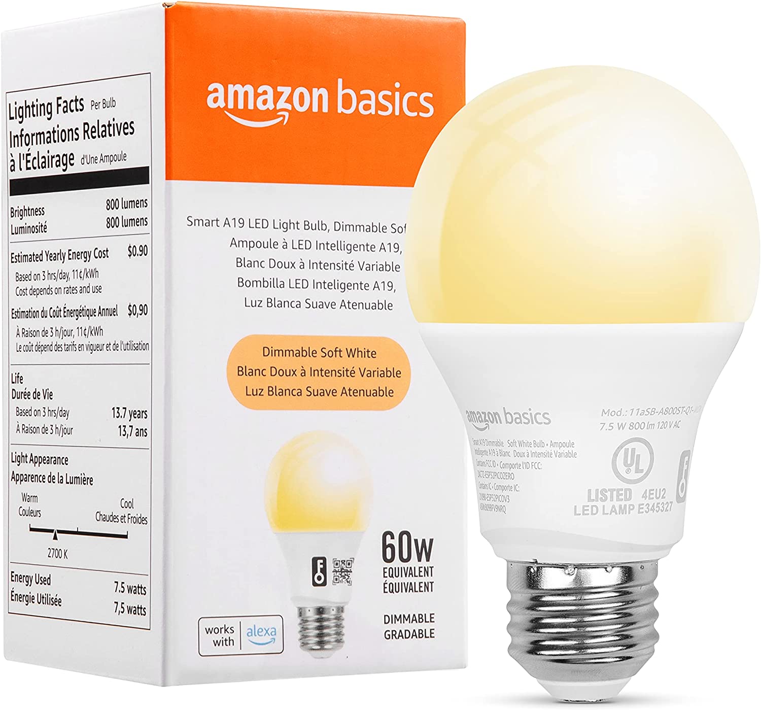 Amazon Basics Smart A19 LED Light Bulb, Dimmable Soft White, 2.4 GHz Wi-Fi, 60W Equivalent 800LM, Works with Alexa Only, 1-Pack, Certified for Humans