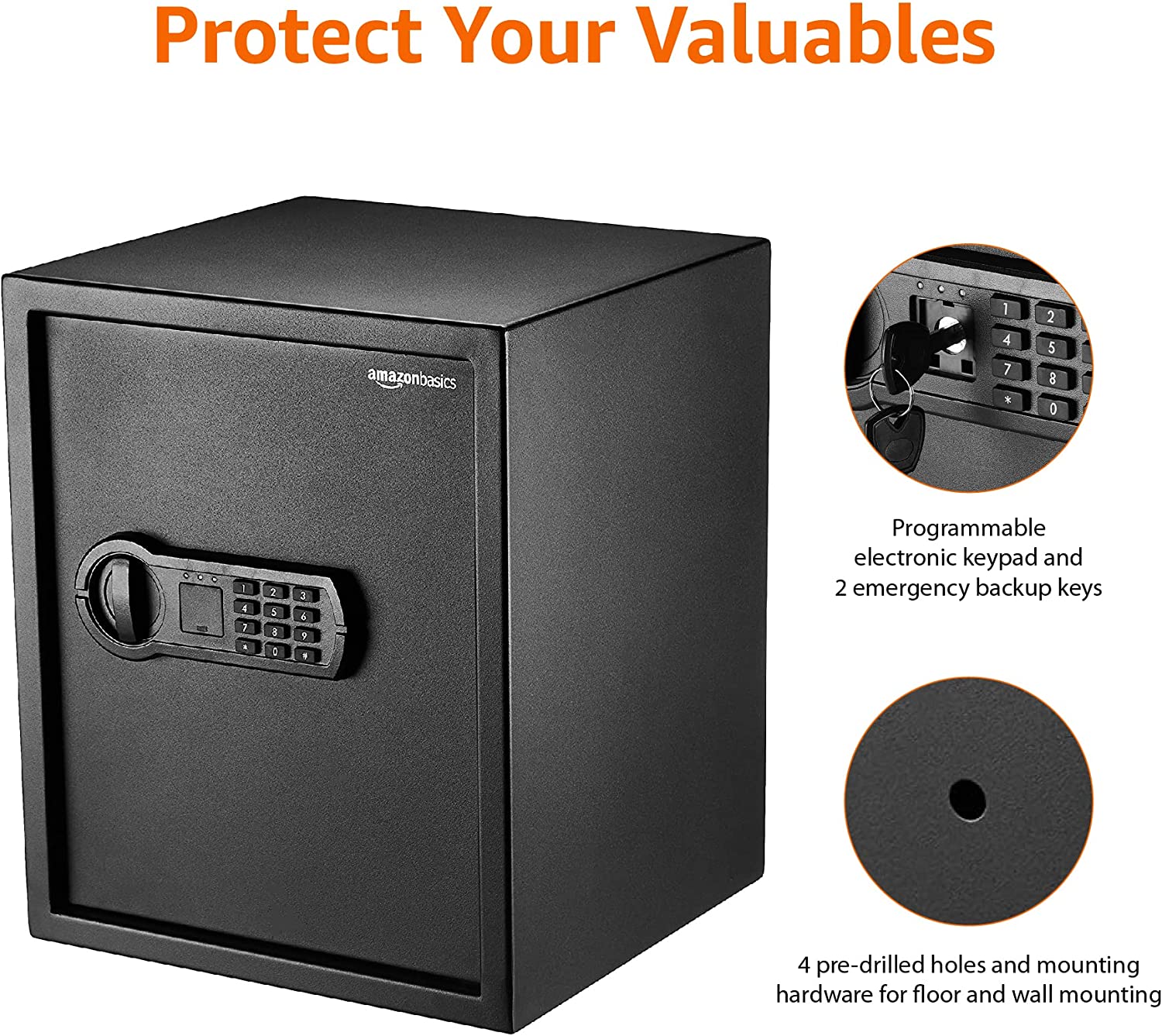 Amazon Basics Steel Home Security Safe with Programmable Keypad - Secure Documents, Jewelry, Valuables - 1.8 Cubic Feet, 13.8 x 13 x 19.7 Inches, Black