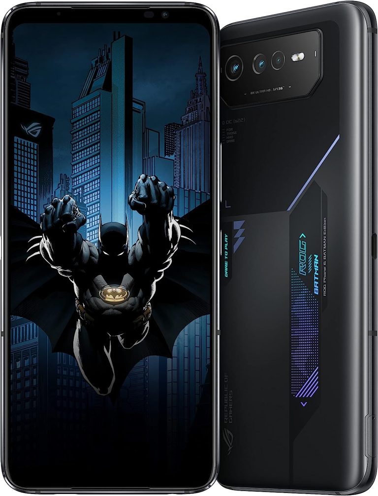 ASUS ROG Phone 6 Batman Edition Cell Phone, 6.78” FHD+ 2448×1080 165Hz, 6000mAh Battery, 50MP/13MP/5MP Triple Camera, 12MP Front, 12GB RAM, 256GB Storage, 5G LTE Unlocked Dual SIM, AI2201-12G256G-BM