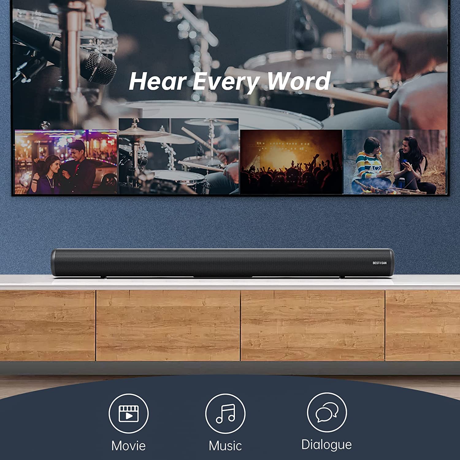 BESTISAN Sound Bar, 80 watts 33.5 inch Sound Bars for TV with Bluetooth 5.0, 3 EQs, Bass Adjustable, HDMI-ARC/Optical/Coaxial/Aux/USB Connection for Home Theater, Gaming, PC, Projectors, 2023 Version