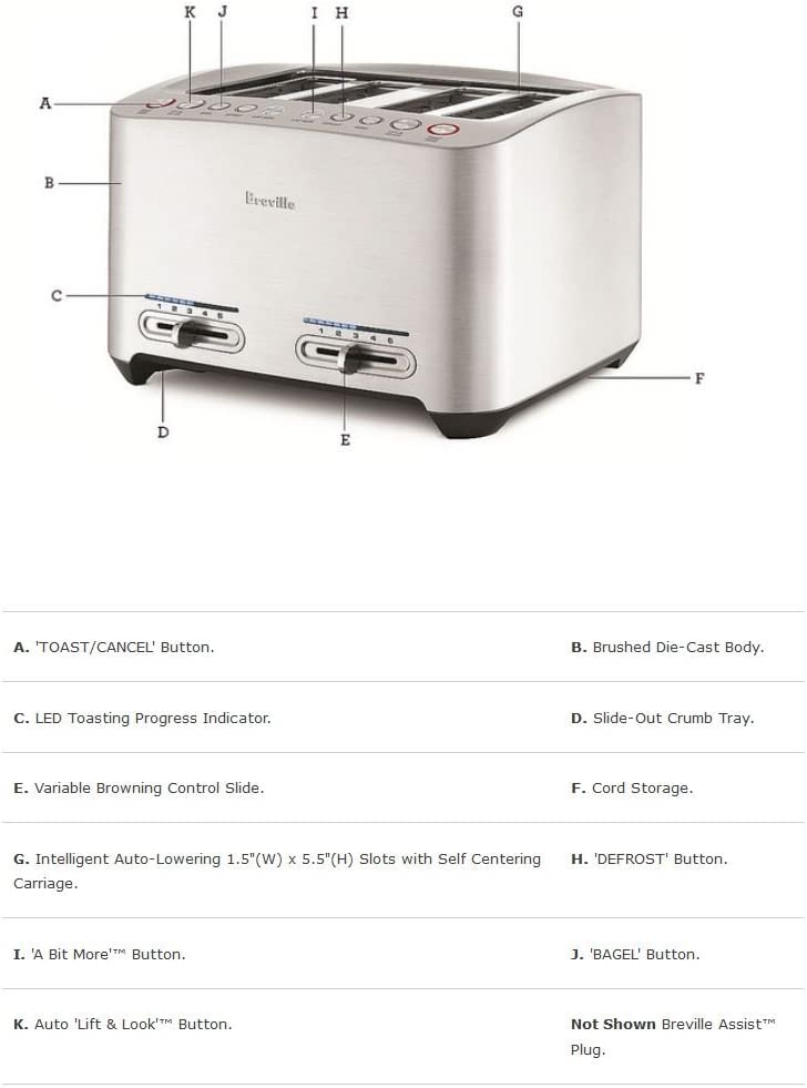 Breville BTA840XL Die-Cast 4-Slice Smart Toaster, Stainless Steel