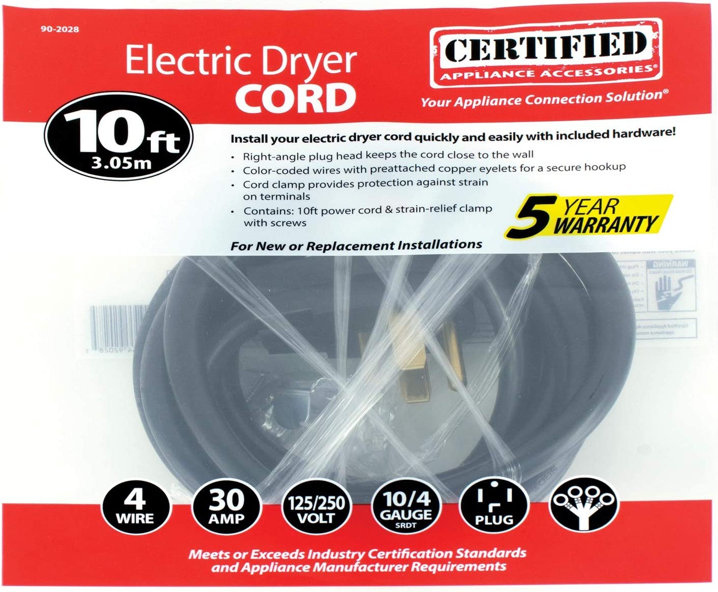 Certified Appliance Accessories 30-Amp Appliance Power Cord, 4 Prong Dryer Cord, 4 Color Coded Wires with Eyelet Connectors, 5ft, Copper Wire, black (90-2022)