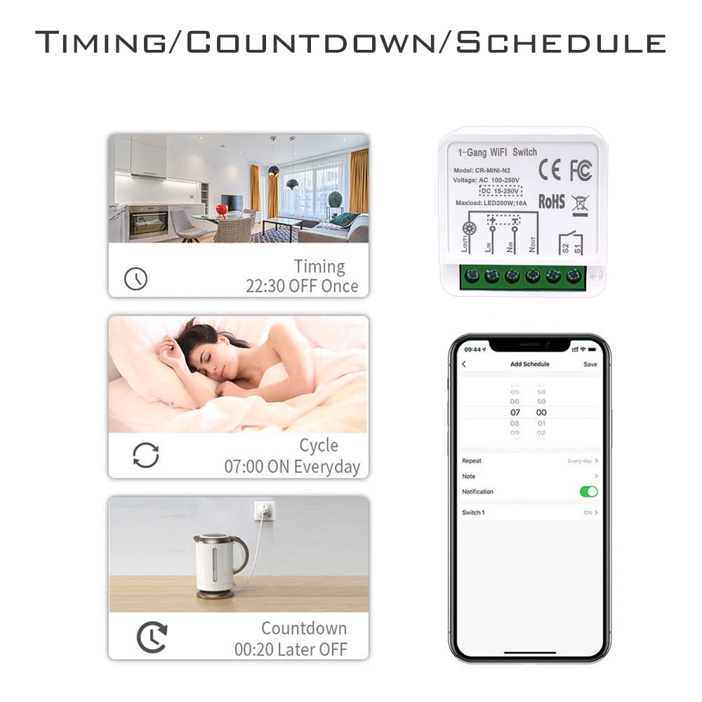 COLOROCK Mini Smart Relay WiFi Switch, DIY Smart Light Switch Module Smart Life/Tuya App, Compatible with Alexa and Google Home Smart Speakers,with Appointment Timing Function. 16A (2Pack).…