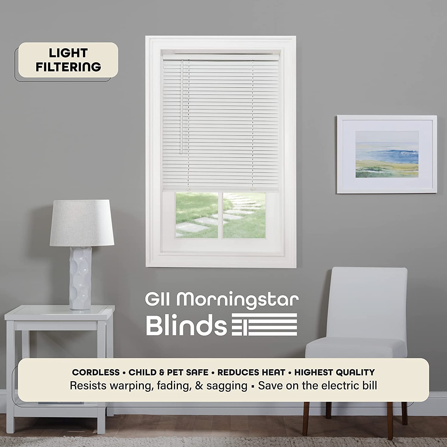 Cordless Light Filtering Mini Blind - 35 Inch Length, 48 Inch Height, 1" Slat Size - Pearl White - Cordless GII Morningstar Horizontal Windows Blinds for Interior by Achim Home Decor