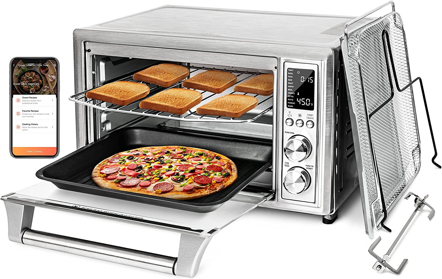 COSORI Air Fryer Toaster Oven Combo, 12-in-1 Convection Ovens Countertop, Stainless Steel, Smart, 6-Slice Toast, 12-inch Pizza, with Bake, Roast, Broil, 75 Recipes&Accessories Tray, Basket, 26.4QT