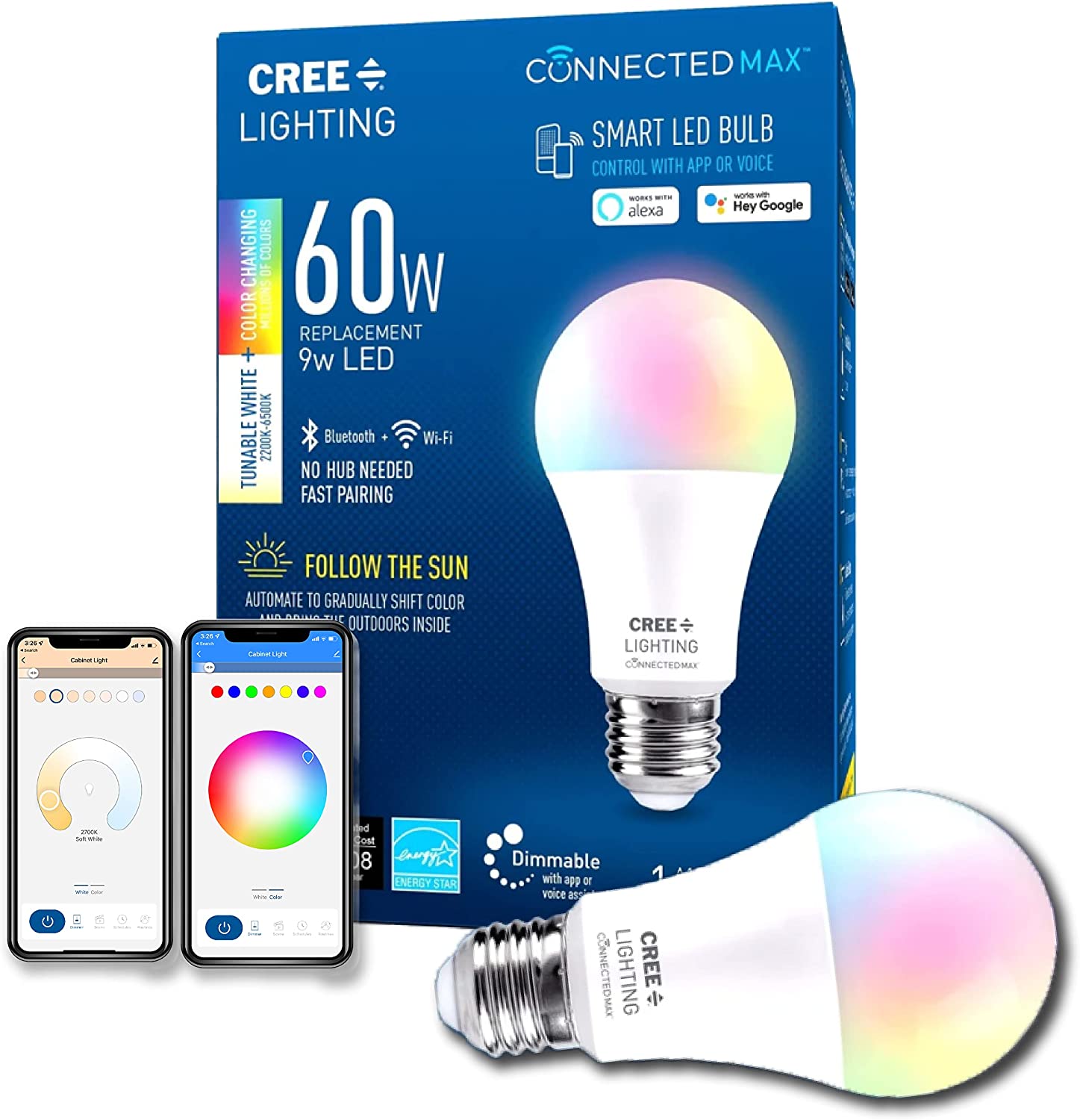 Cree Lighting Connected Max Smart Led Bulb A19 60W Tunable White + Color Changing, 2.4 Ghz, Works With Alexa And Google Home, No Hub Required, Bluetooth + Wifi, 1Pk