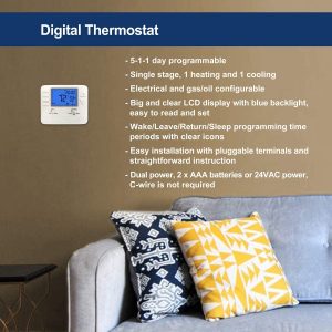 ELECTECK Thermostat, 5-1-1 Day Programmable, Large Digital LCD Display, Compatible w/Single Stage Electrical and Gas System, Up to 1 Heat/1 Cool, White