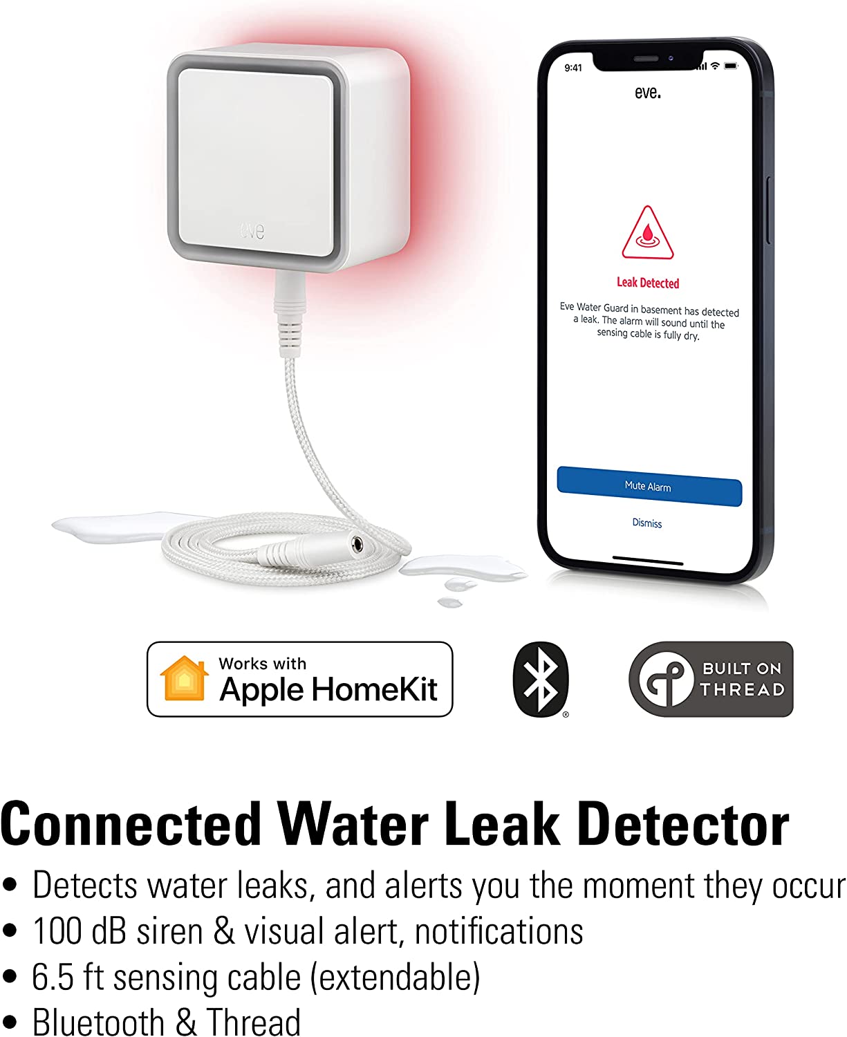 Eve Water Guard - Smart Home Water Leak Detector, 6.5 ft Sensing Cable, 100 dB Siren, (Apple HomeKit), App Notifications, Bluetooth, Thread, White, (20EBZ8701)