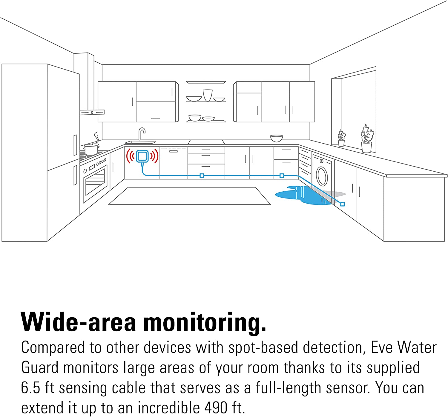 Eve Water Guard - Smart Home Water Leak Detector, 6.5 ft Sensing Cable, 100 dB Siren, (Apple HomeKit), App Notifications, Bluetooth, Thread, White, (20EBZ8701)