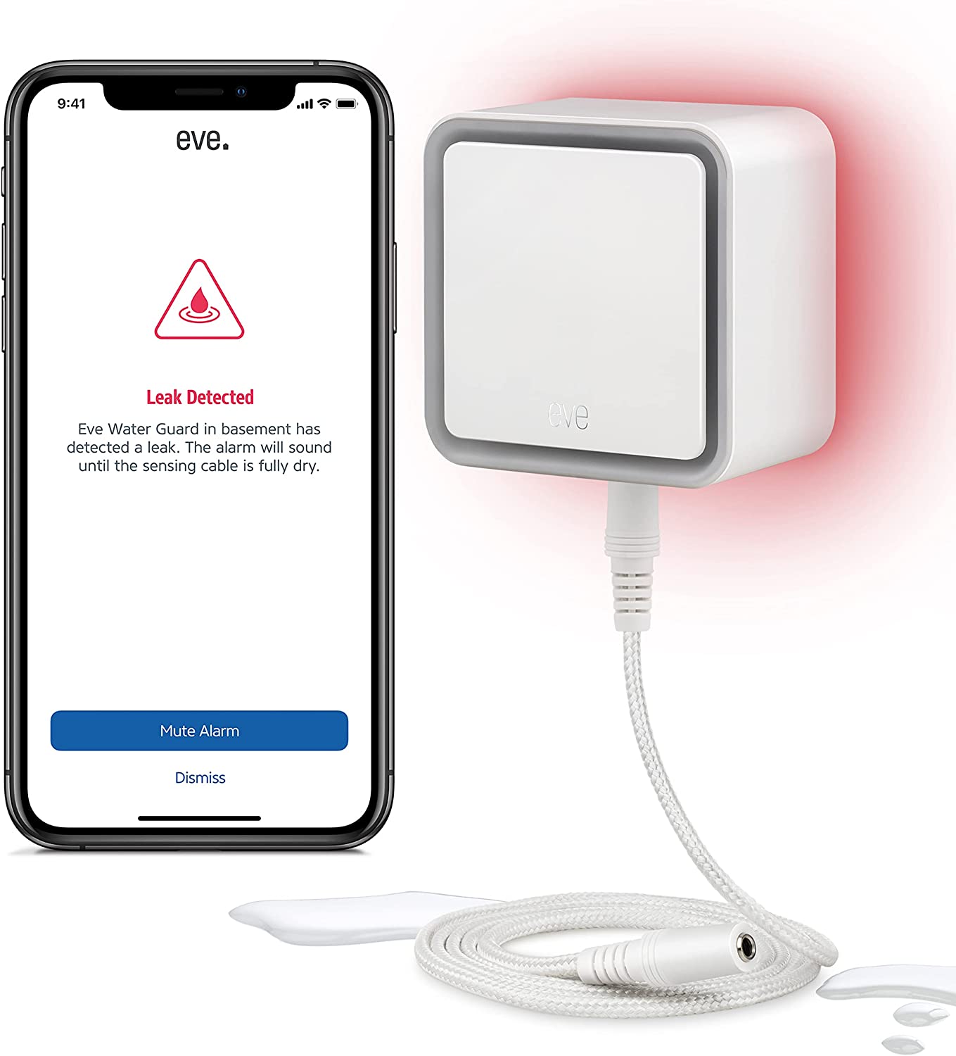 Eve Water Guard - Smart Home Water Leak Detector, 6.5 ft Sensing Cable, 100 dB Siren, (Apple HomeKit), App Notifications, Bluetooth, Thread, White, (20EBZ8701)