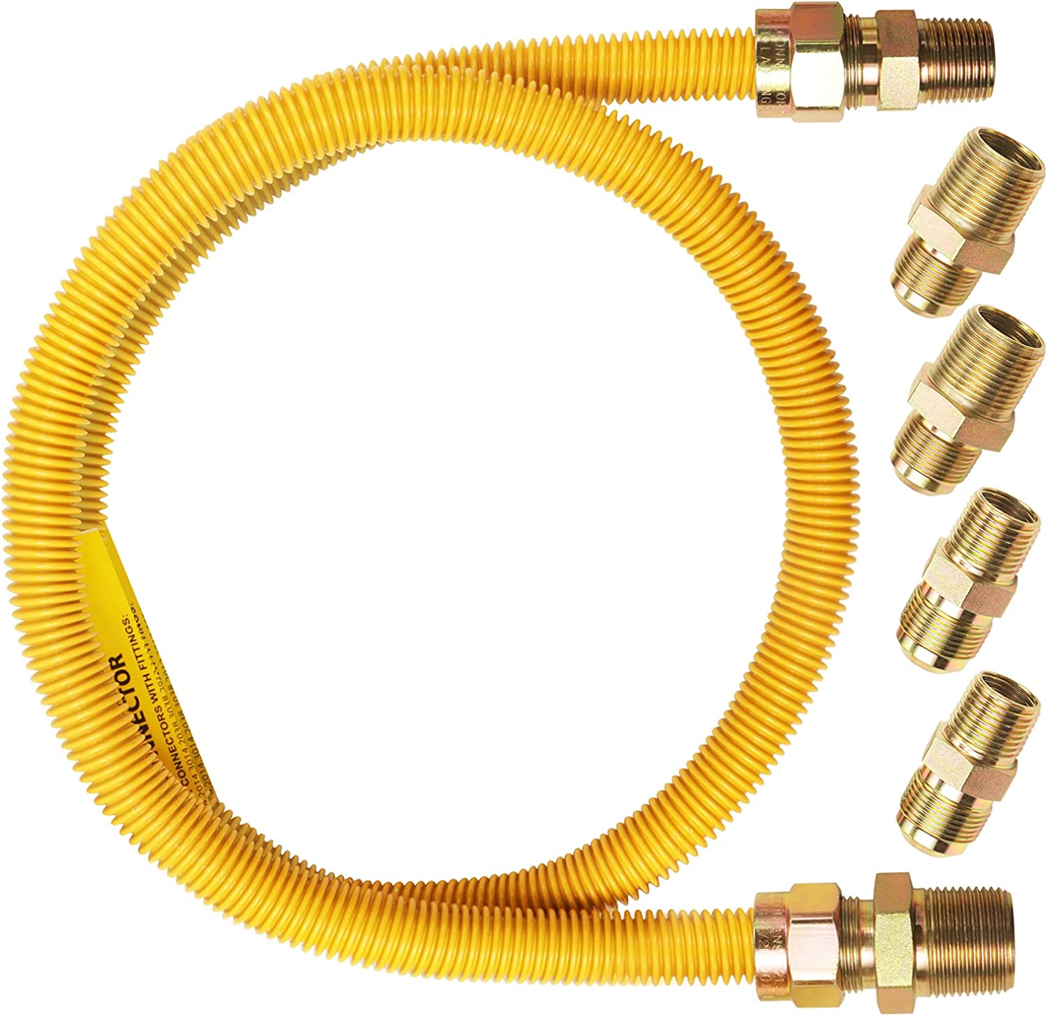 EXCELFU Safety-Shield Gas Appliance Line Flexible Dryer Gas Hose Connector Kit - 5/8 In. OD (1/2 In. ID) 1/2 In. MIP X 1/2 In. MIP X 3/4 In. MIP X 48 In. Length Yellow Coated