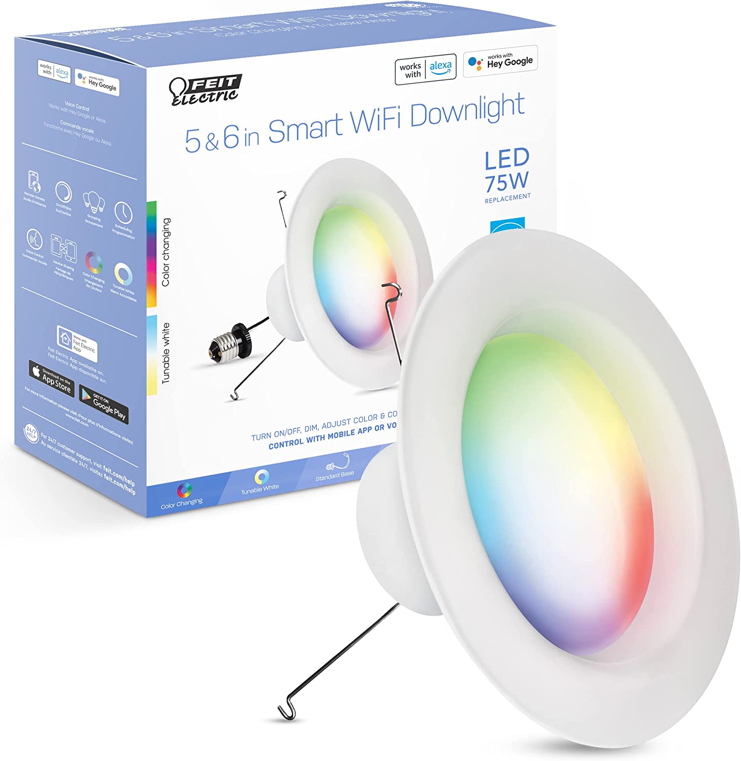 Feit Electric LEDR6/RGBW/AG 75 Watt Equivalent 2.4GHz WiFi Color Changing and Tunable White, Dimmable, No Hub Needed, Alexa or Google Assistant RGBW Multicolor LED Smart Downlight, 6 Inch Recessed