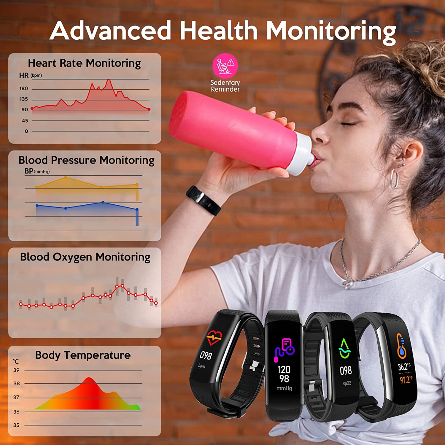 Fitness Tracker,Smart Watch with Heart Rate Blood Pressure Body Temperature&Sleep Monitor IP67 Waterproof Fitness Watch Step Calorie Counter Pedometer Health Watch for Android iOS Phones Men Women