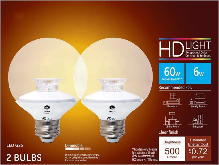 GE Lighting 92236 LED Relax HD 6 (60-watt Replacement), 500-Lumen G25 Light Bulb with Medium Base, Clear Soft White, 2-Pack, 2 Count