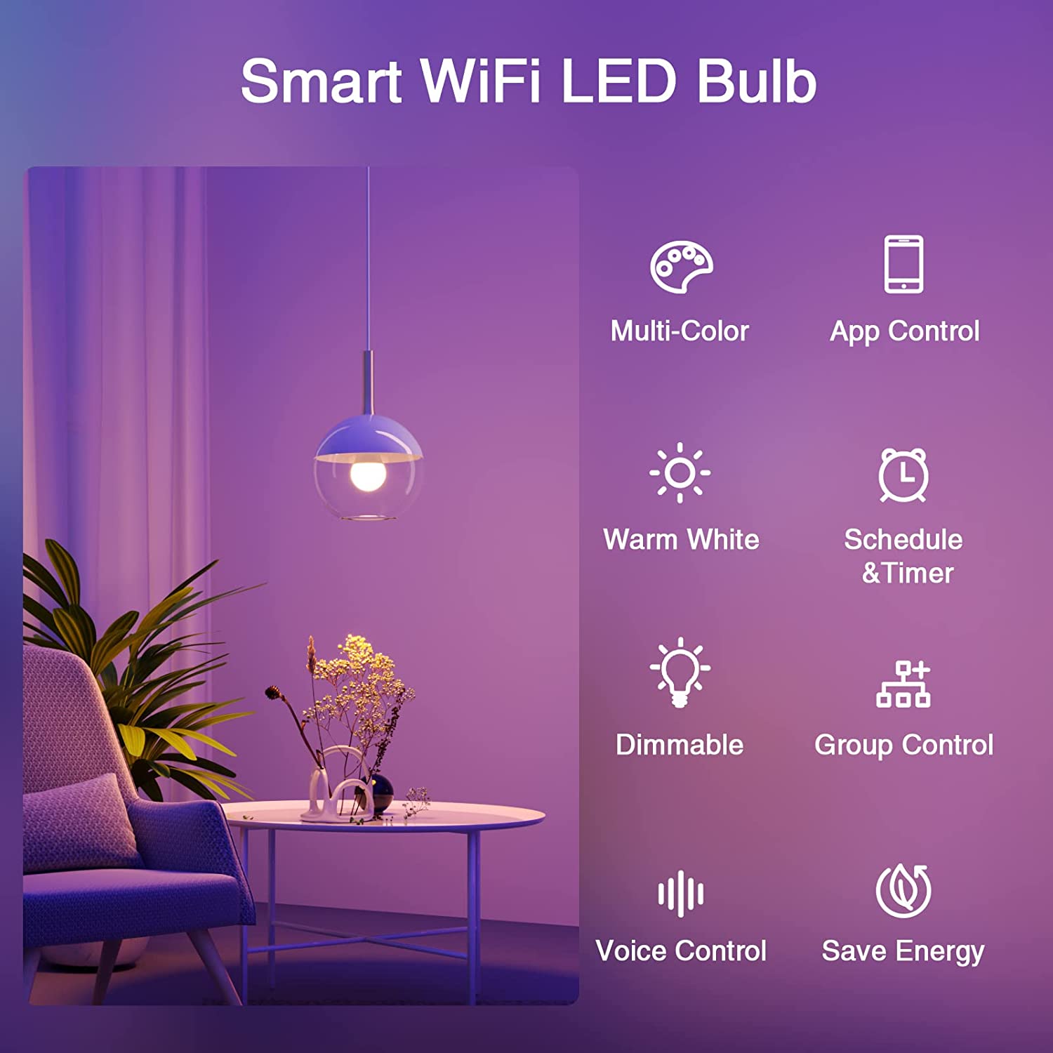 Ghome Smart Light Bulbs, A19 E26 Color Changing Led Bulb Works with Alexa, Google Home, App & Voice Control, 2.4Ghz WiFi Only, 800 Lumens,Dimmable RGB Warm White 2700K Smart Home Lighting, 4 Pack(WB4)