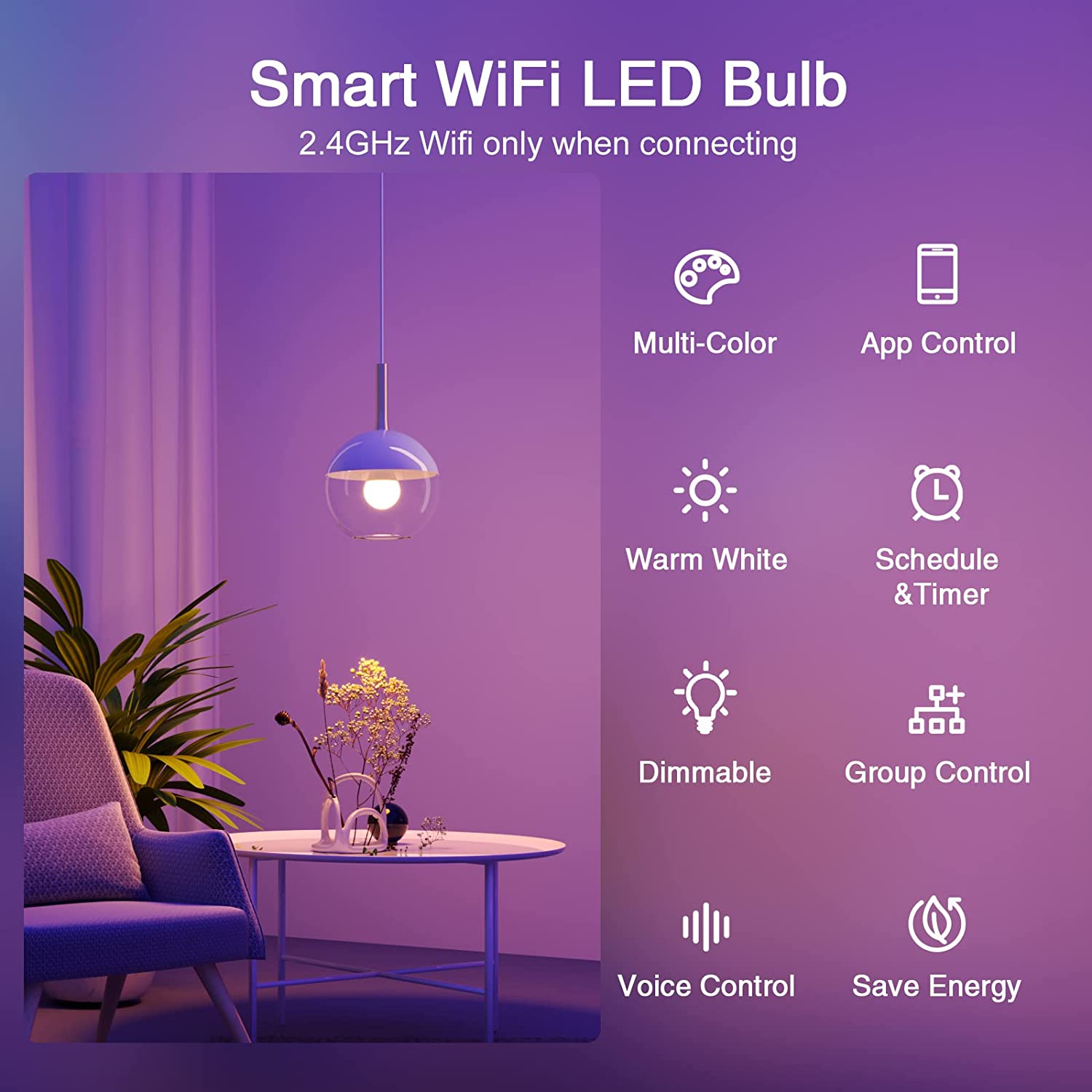 Ghome Smart Light Bulbs, A19 E26 Color Changing Led Bulb Works with Alexa, Google Home, App & Voice Control, 2.4Ghz WiFi Only, 800 Lumens,Dimmable RGB Warm White 2700K Smart Home Lighting Bulb, 8 Pack