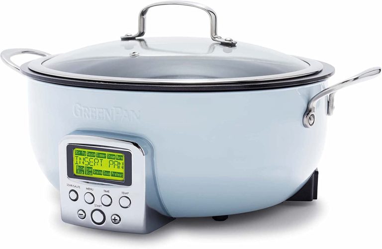 GreenPan Elite Essential Smart Electric 6QT Skillet Pot, Presets to Sear Saute Stir-Fry and Cook Rice, Healthy Ceramic Nonstick and Dishwasher Safe Parts, Easy-to-use LED Display, Blue Haze