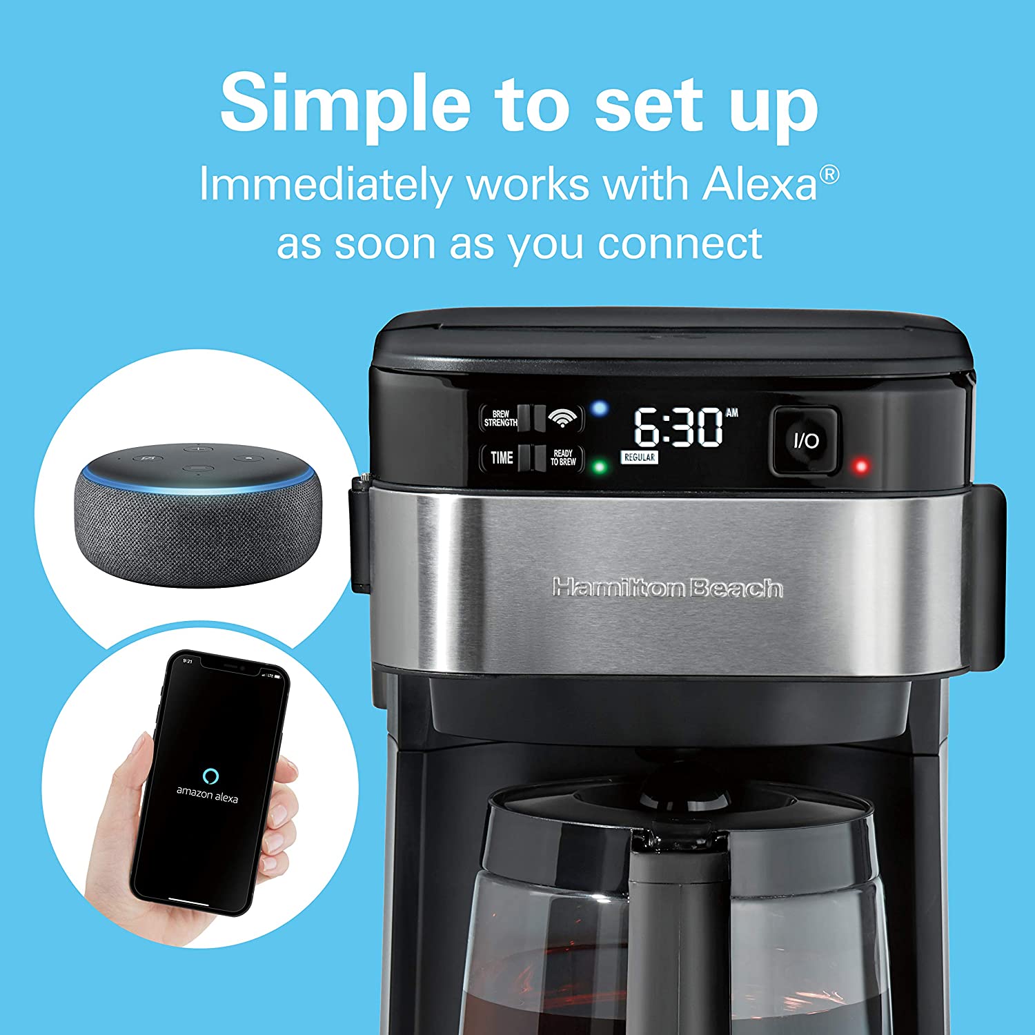 Hamilton Beach Works with Alexa Smart Coffee Maker, Programmable, 12 Cup Capacity, Black and Stainless Steel (49350R) – A Certified for Humans Device