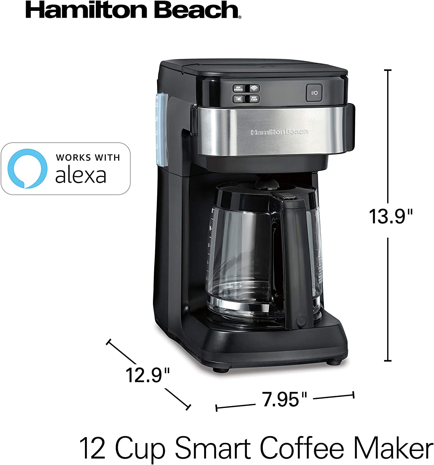 Hamilton Beach Works with Alexa Smart Coffee Maker, Programmable, 12 Cup Capacity, Black and Stainless Steel (49350R) – A Certified for Humans Device