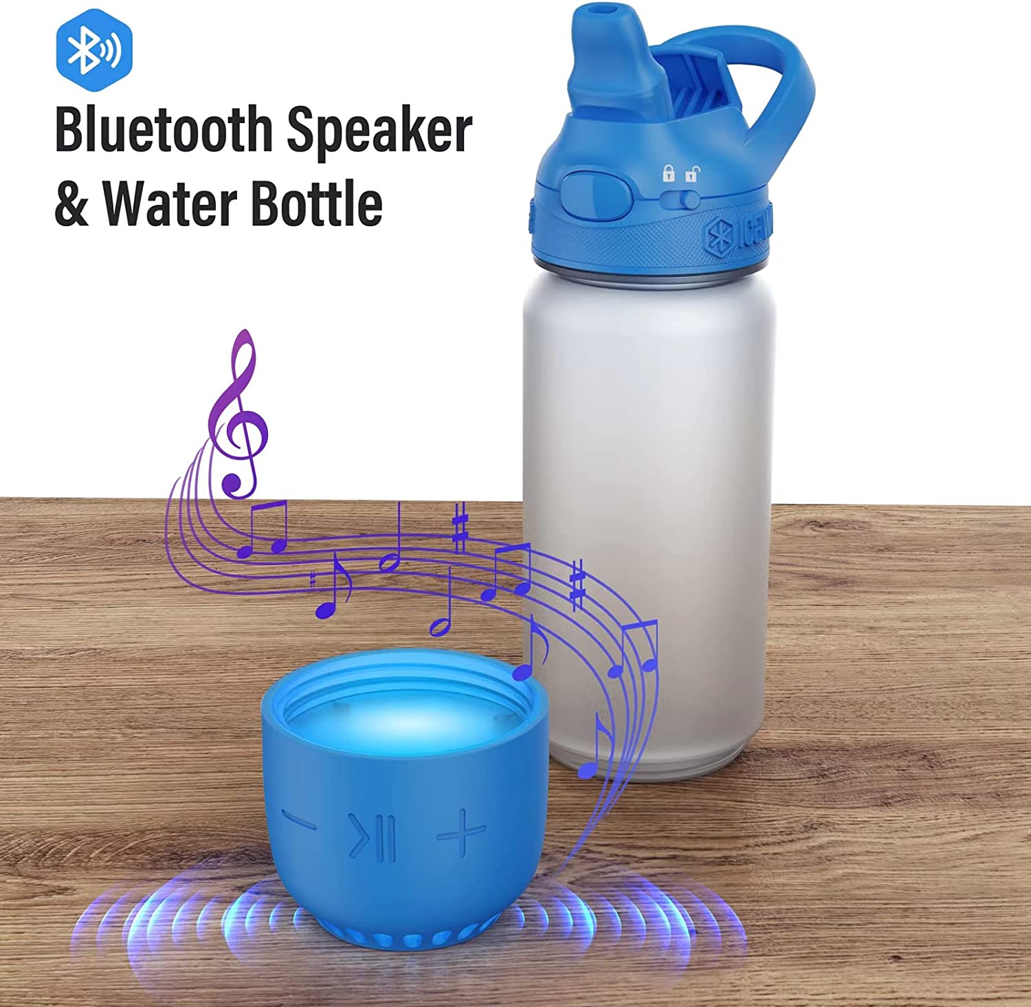 ICEWATER 3-in-1 Bluetooth Speaker+Smart Water Bottle+Dancing Lights, Portable Wireless Speaker, Glows to Remind You to Keep Hydrated, 20 oz, Auto Straw Lid, Leak-proof (Blue)