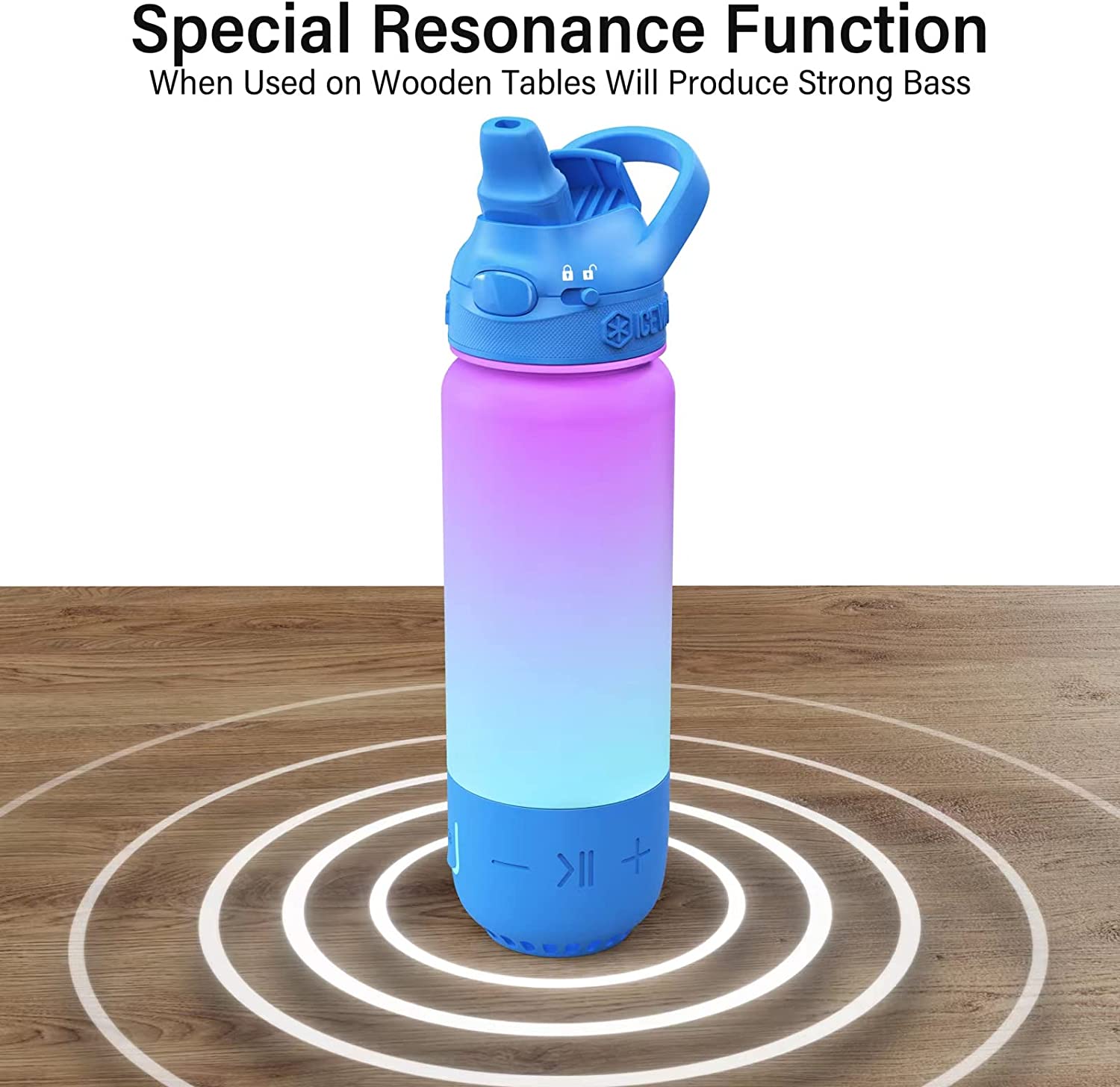 ICEWATER 3-in-1 Bluetooth Speaker+Smart Water Bottle+Dancing Lights, Portable Wireless Speaker, Glows to Remind You to Keep Hydrated, 20 oz, Auto Straw Lid, Leak-proof (Blue)