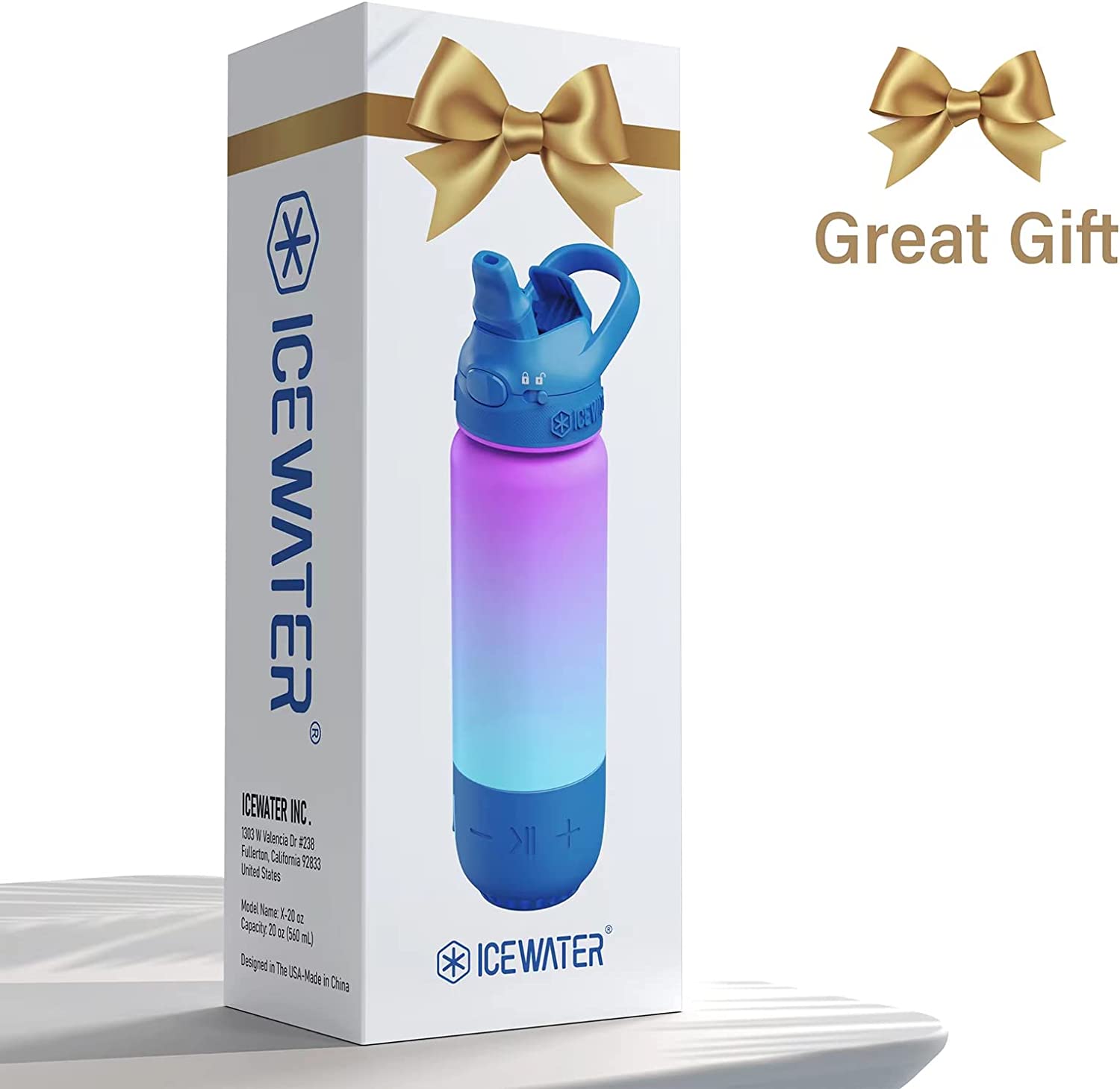 ICEWATER 3-in-1 Bluetooth Speaker+Smart Water Bottle+Dancing Lights, Portable Wireless Speaker, Glows to Remind You to Keep Hydrated, 20 oz, Auto Straw Lid, Leak-proof (Blue)