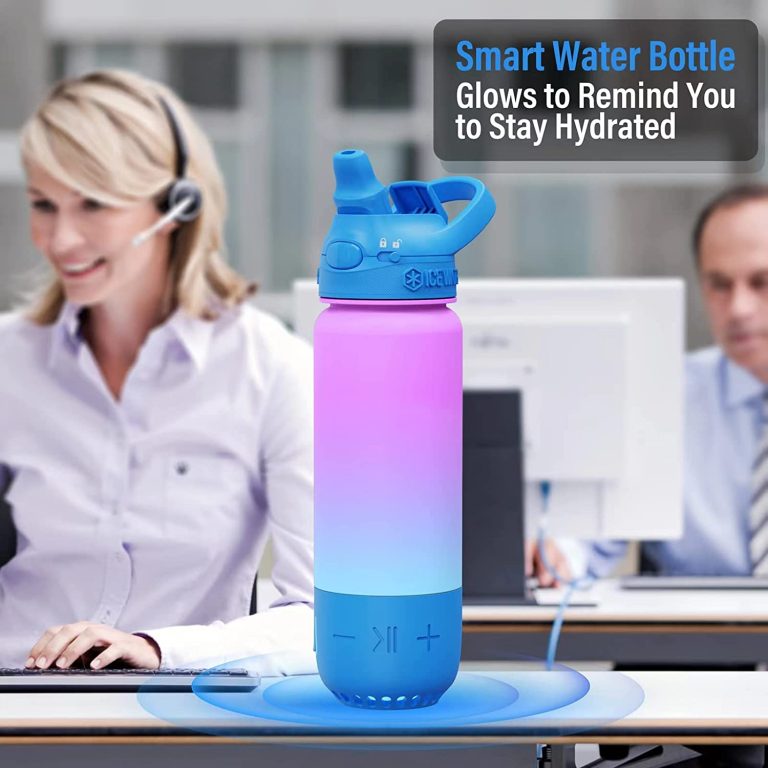 ICEWATER 3-in-1 Bluetooth Speaker+Smart Water Bottle+Dancing Lights, Portable Wireless Speaker, Glows to Remind You to Keep Hydrated, 20 oz, Auto Straw Lid, Leak-proof (Blue)