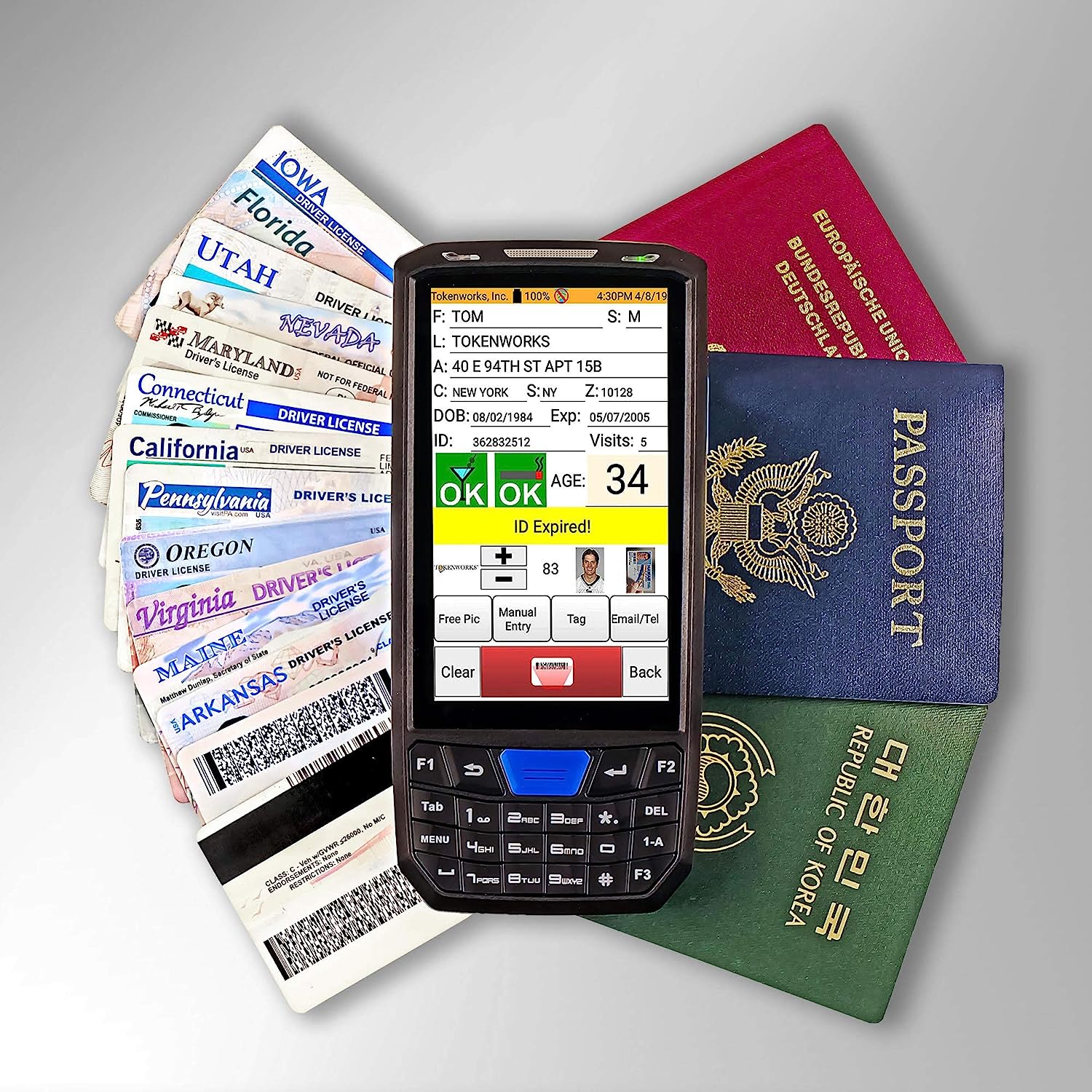 IDVisor Smart V2 ID Scanner - Drivers License and Passport Age Verification & Customer Management + Charger Cradle, Hand Strap & More.