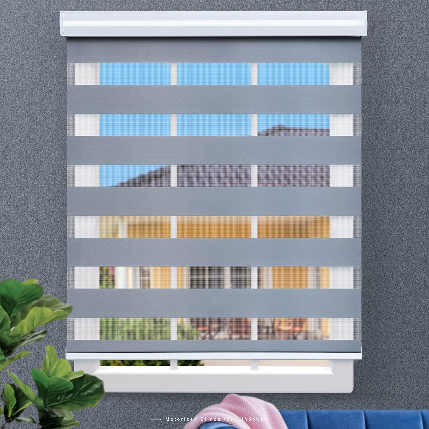 JaeJaes Motorized Zebra Blinds for Windows Shades, Smart Windows Blinds with Remote Control, Compatible with Alexa and Privacy Light Filtering, White, White, 23