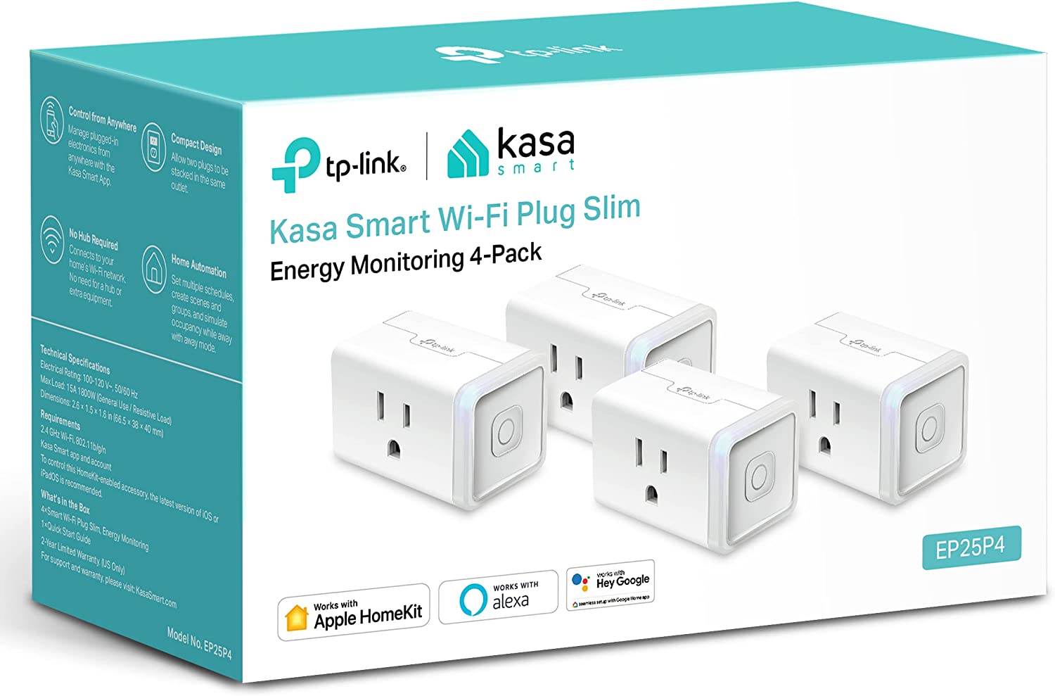 Kasa Smart Plug Mini 15A, Apple HomeKit Supported, Smart Outlet Works with Siri, Alexa & Google Home, No Hub Required, UL Certified, App Control, Scheduling, Timer, 2.4G WiFi Only, 4-Pack (EP25P4)