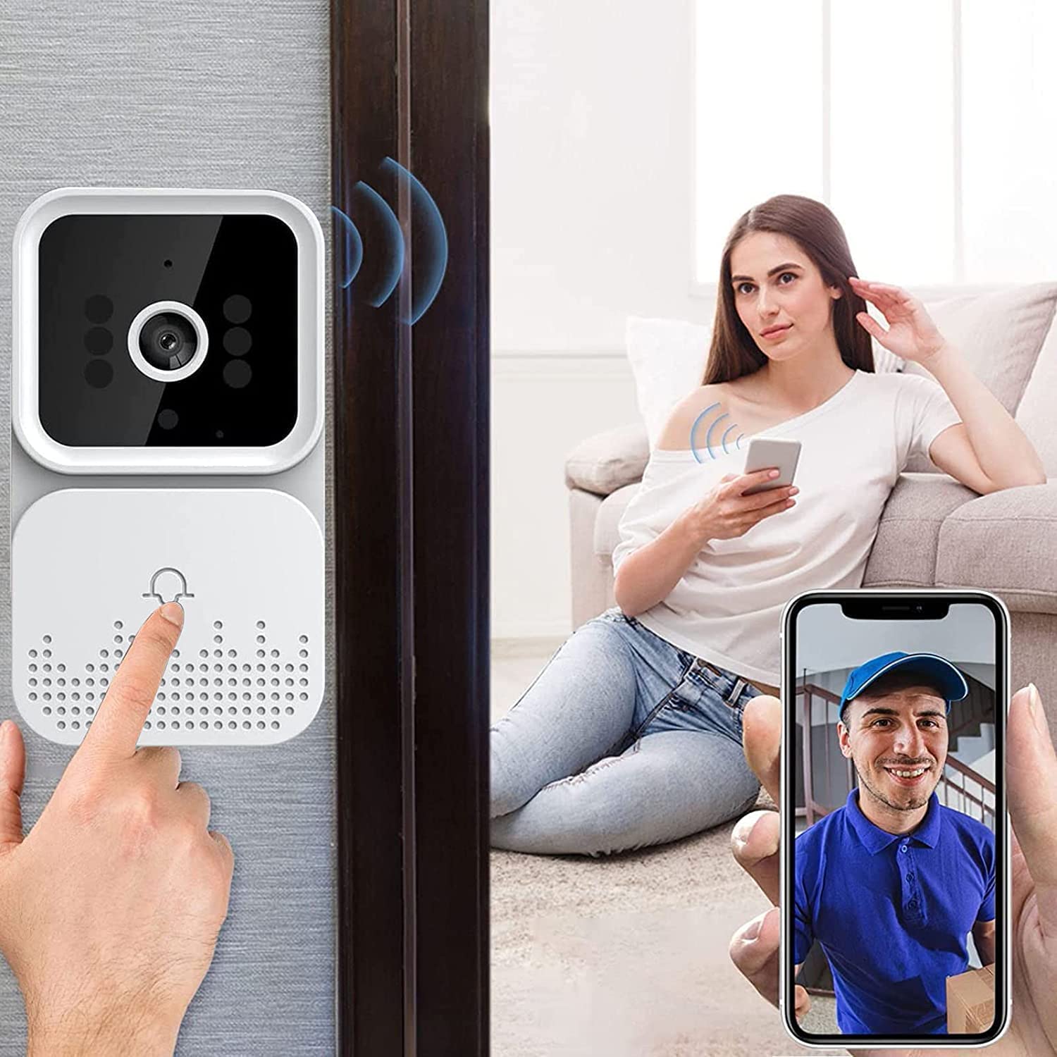 KLiHDSM Wireless Remote Video Doorbell,2023 Home Smart Doorbell Intercom HD Night Vision WiFi Charging Anti-Theft Doorbell,Two-Way Talk, Photo-White