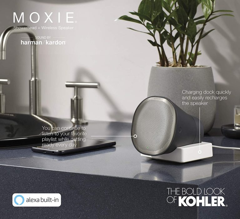 KOHLER Moxie Alexa Enabled Showerhead, Bluetooth Shower Speaker, Shower Radio, Rechargeable Speaker, Portable Speaker, 1.75 GPM, K-28238-GKA-BL, Matte Black