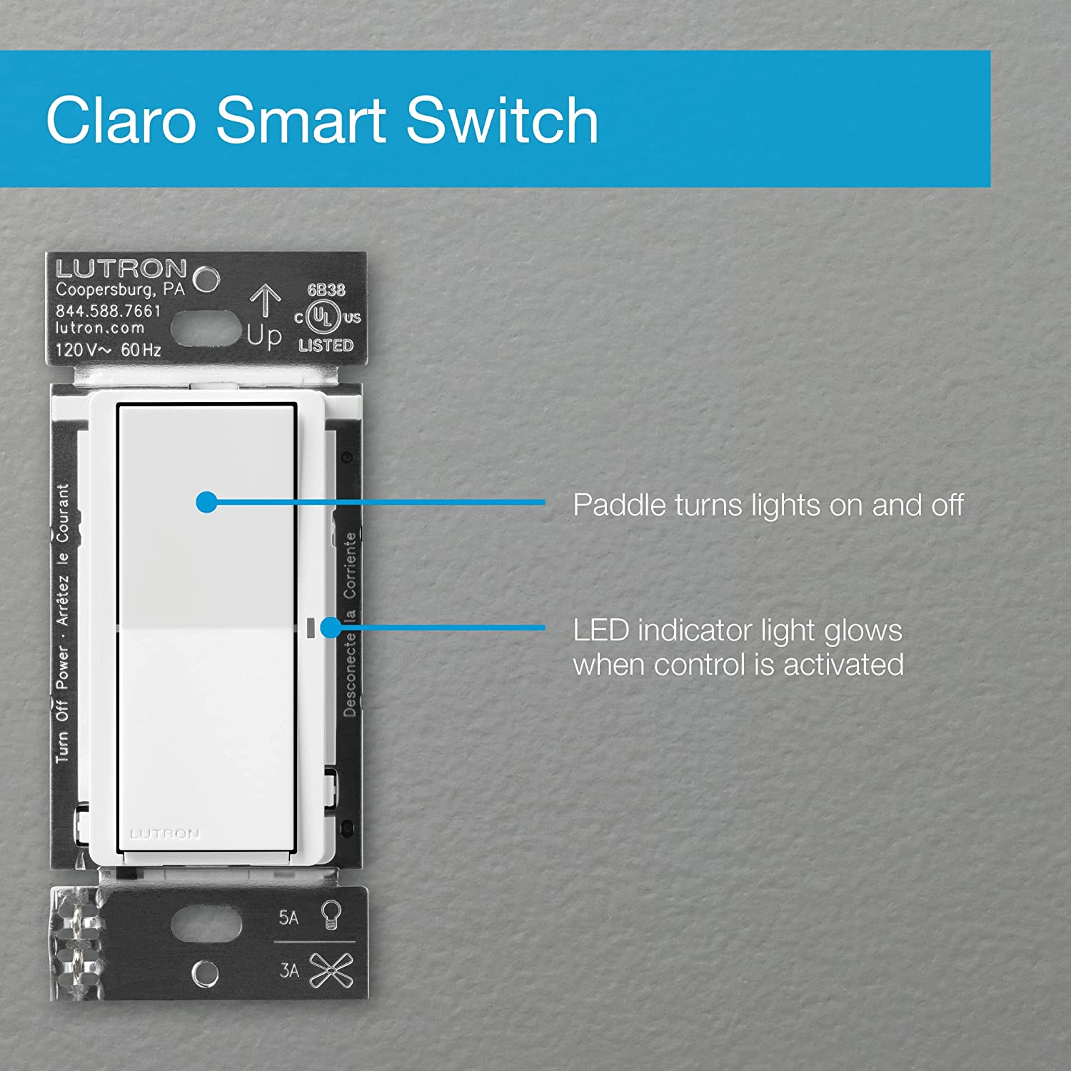 Lutron Claro Smart Switch with Wallplate for Caséta Smart Lighting, for On/Off Control of Lights or Fans | Neutral Wire Required | DVRFW-5NS-WH-A | White