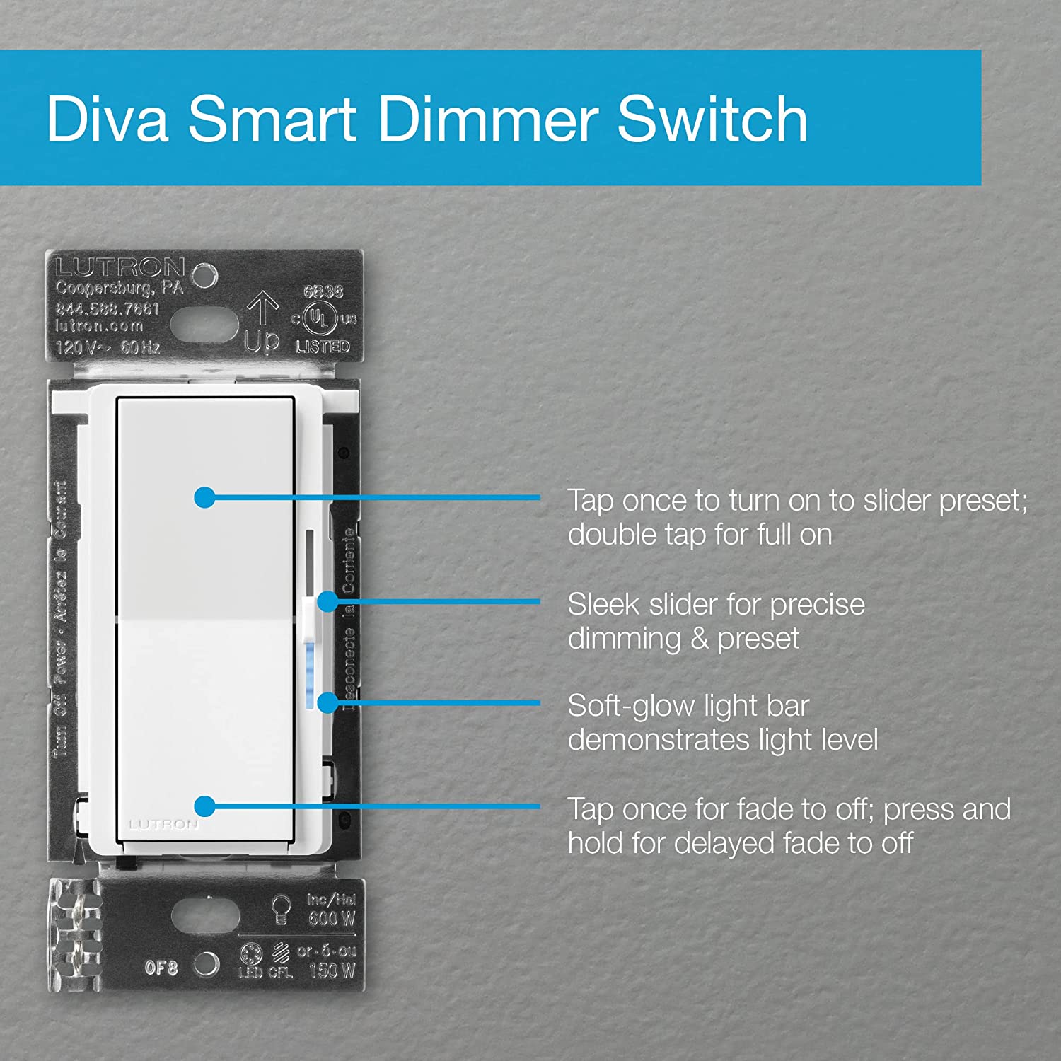 Lutron Diva Smart Dimmer Switch for Caséta Smart Lighting | No Neutral Wire Required | DVRF-6L-LA | Light Almond