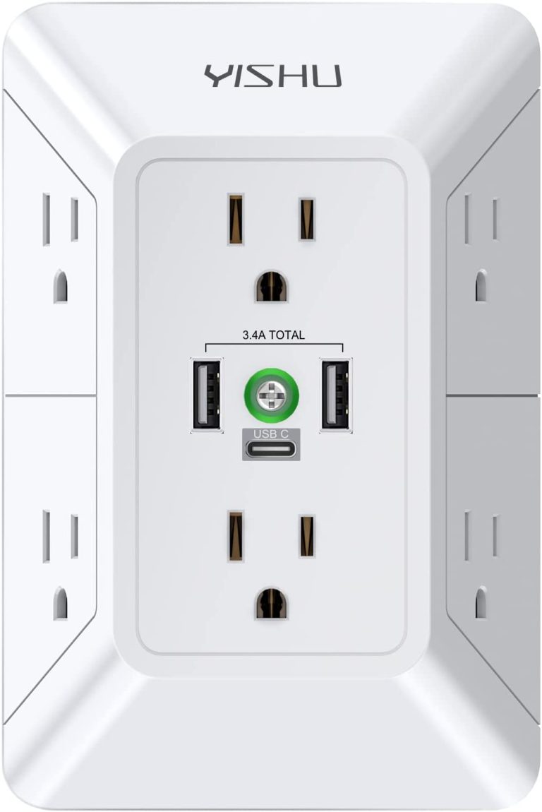 Multi Plug Outlet Surge Protector – YISHU 3 Sided Power Strip with 6 AC Outlet Extender and 3 USB Ports (1 USB C), Adapter Spaced Outlet Splitter, ETL Listed, White