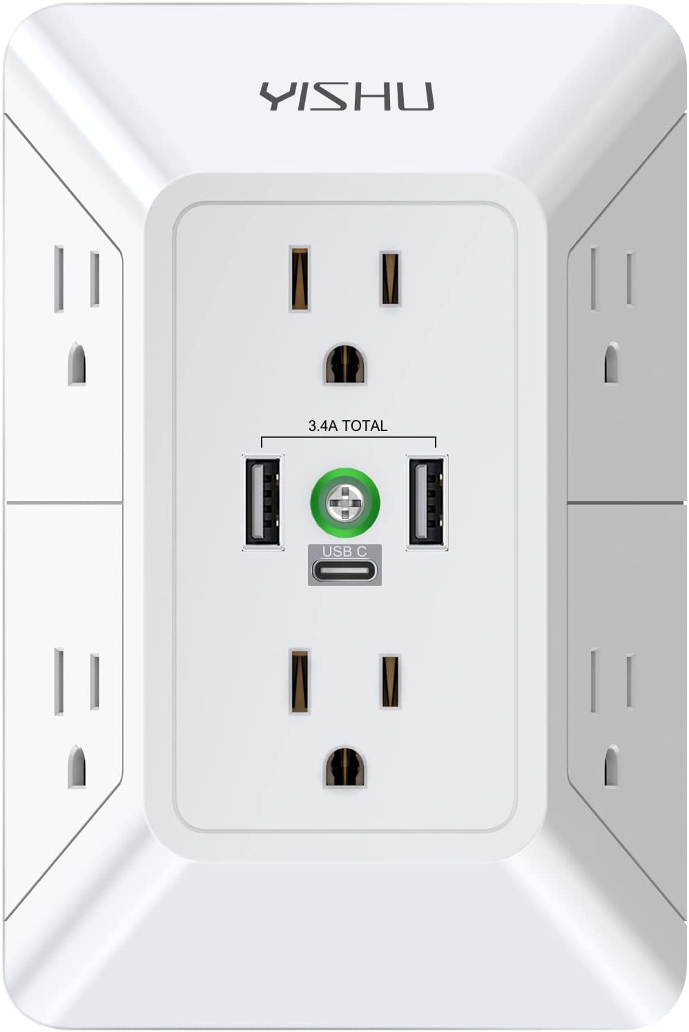 Multi Plug Outlet Surge Protector – YISHU 3 Sided Power Strip with 6 AC Outlet Extender and 3 USB Ports (1 USB C), Adapter Spaced Outlet Splitter, ETL Listed, White