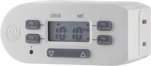 myTouchSmart Indoor Digital Plug-in Timer, 2 Pack, 1 Outlet Polarized, 4 Programmable On/Off Buttons, Space Saving Bar Design, for Lamps, Seasonal Lighting, and Other Small Appliances, 26745, White