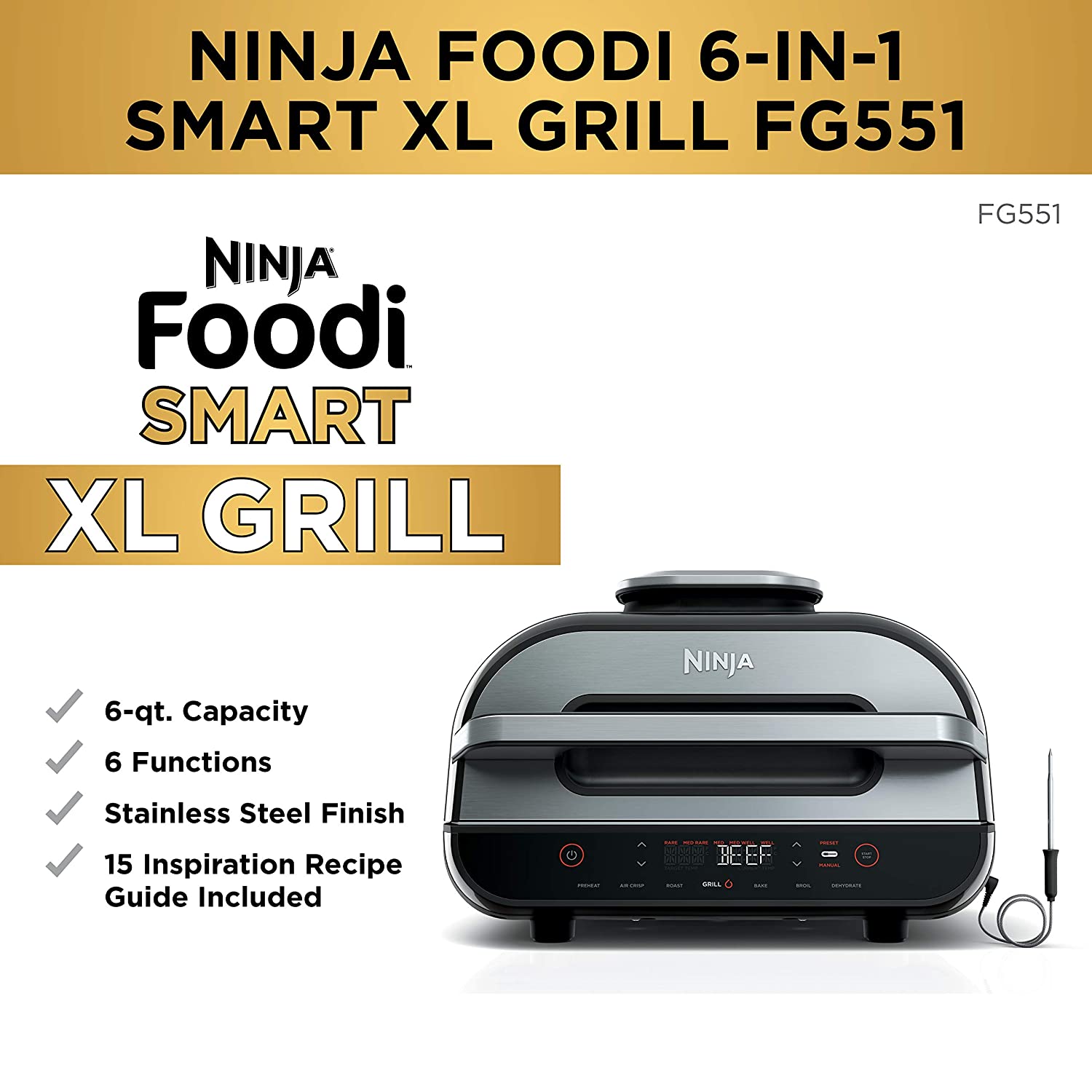 Ninja DG551 Foodi Smart XL 6-in-1 Indoor Grill with Air Fry, Roast, Bake, Broil, & Dehydrate, Foodi Smart Thermometer, 2nd Generation, Black/Silver