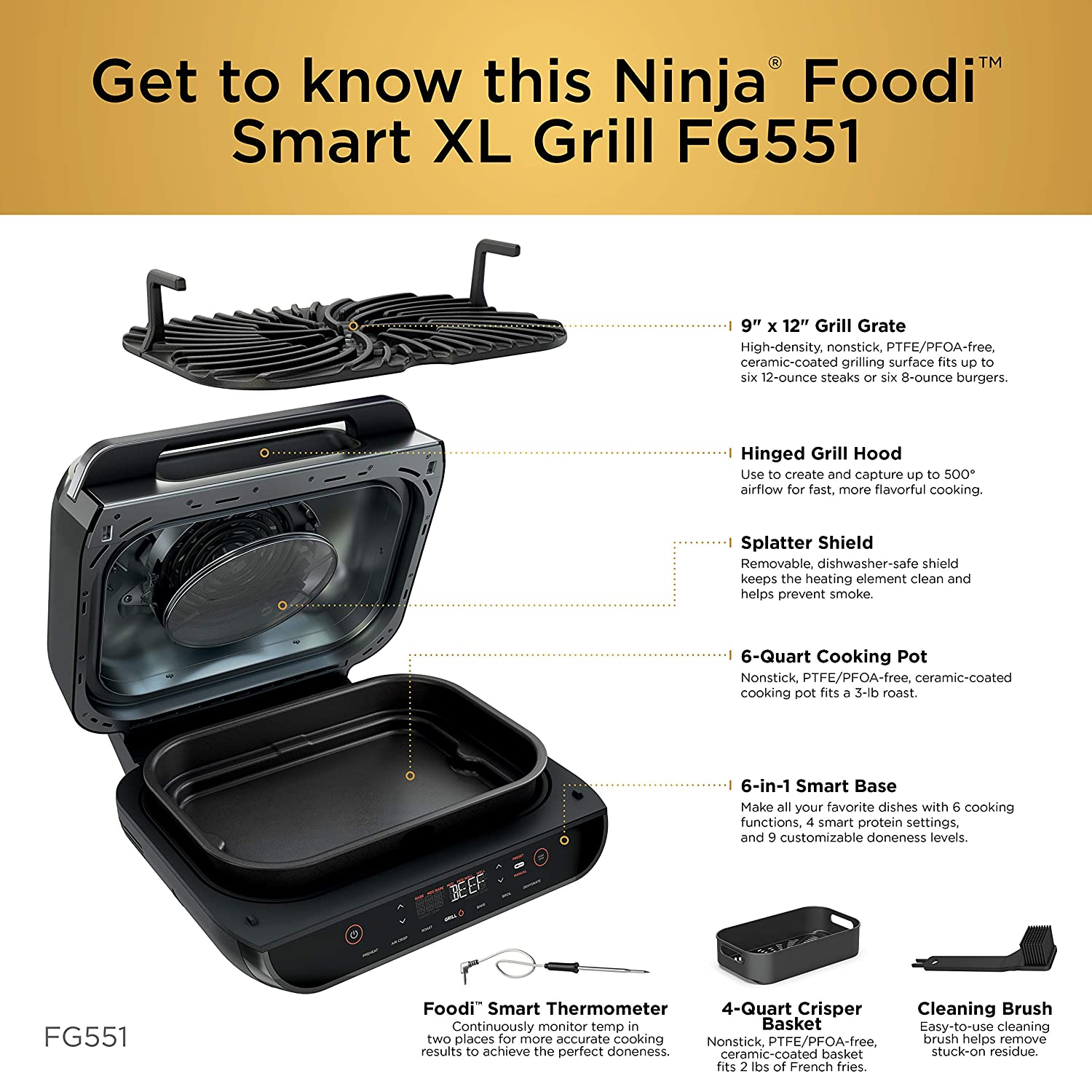 Ninja DG551 Foodi Smart XL 6-in-1 Indoor Grill with Air Fry, Roast, Bake, Broil, & Dehydrate, Foodi Smart Thermometer, 2nd Generation, Black/Silver