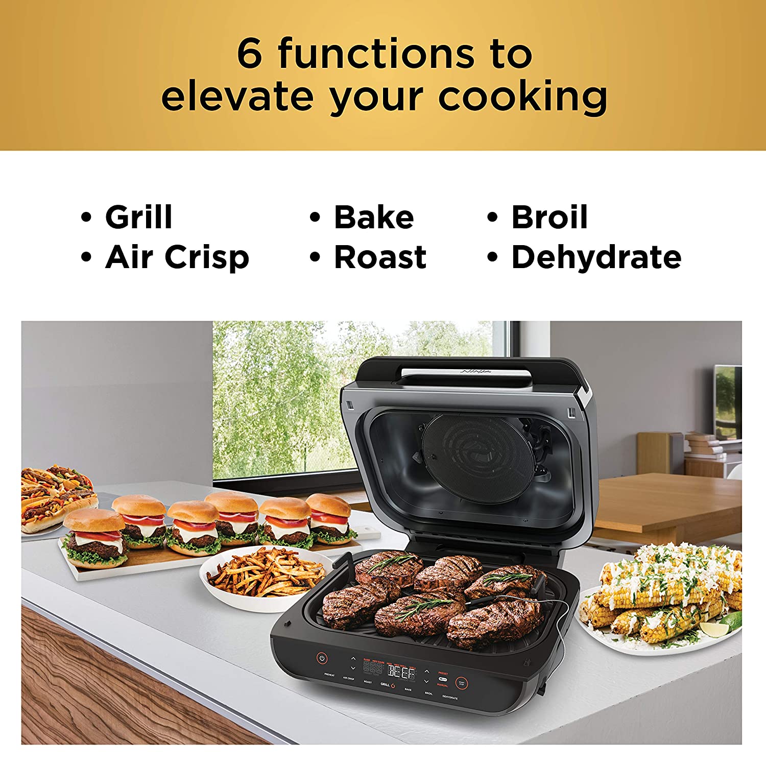 Ninja DG551 Foodi Smart XL 6-in-1 Indoor Grill with Air Fry, Roast, Bake, Broil, & Dehydrate, Foodi Smart Thermometer, 2nd Generation, Black/Silver