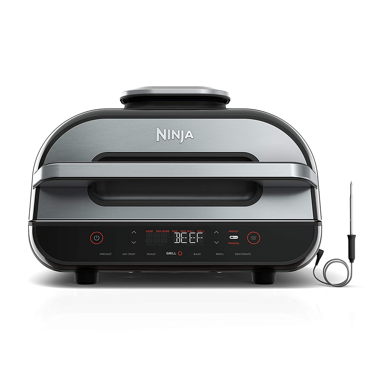 Ninja DG551 Foodi Smart XL 6-in-1 Indoor Grill with Air Fry, Roast, Bake, Broil, & Dehydrate, Foodi Smart Thermometer, 2nd Generation, Black/Silver