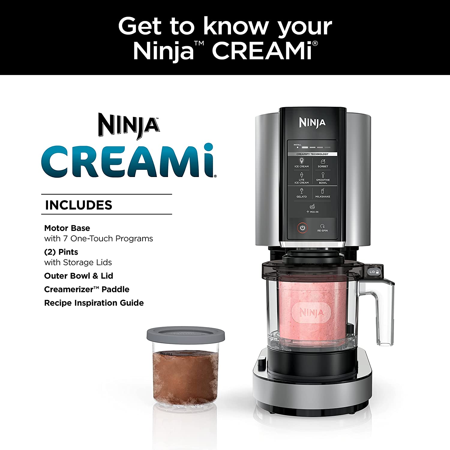 Ninja NC301 CREAMi Ice Cream Maker, for Gelato, Mix-ins, Milkshakes, Sorbet, Smoothie Bowls & More, 7 One-Touch Programs, with (2) Pint Containers & Lids, Compact Size, Perfect for Kids, Silver