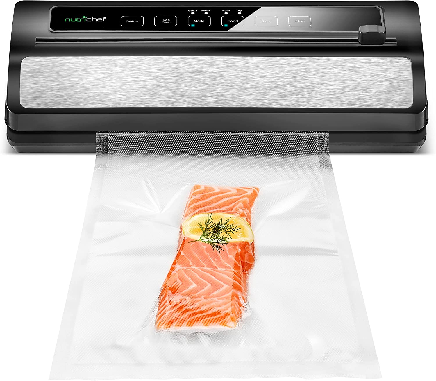 NutriChef PKVS Sealer | Automatic Vacuum Air Sealing System Preservation w/Starter Kit | Compact Design | Lab Tested | Dry & Moist Food Modes | Led Indicator Lights, 12", Silver
