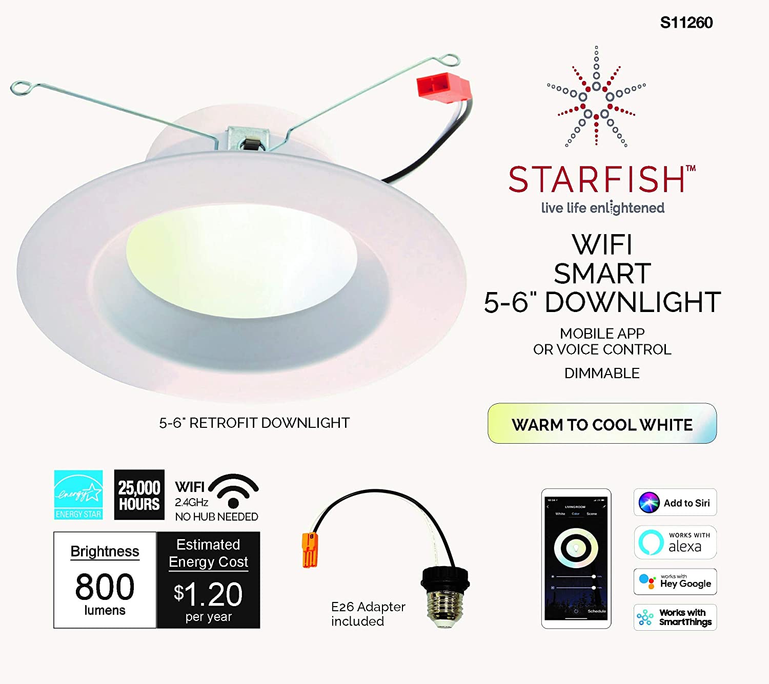 Satco S11260 Starfish 5-6 Inch Retrofit WiFi Smart LED Recessed Downlight, Works with Siri, Alexa, Google Assistant, SmartThings, Tunable White, 800 Lumens